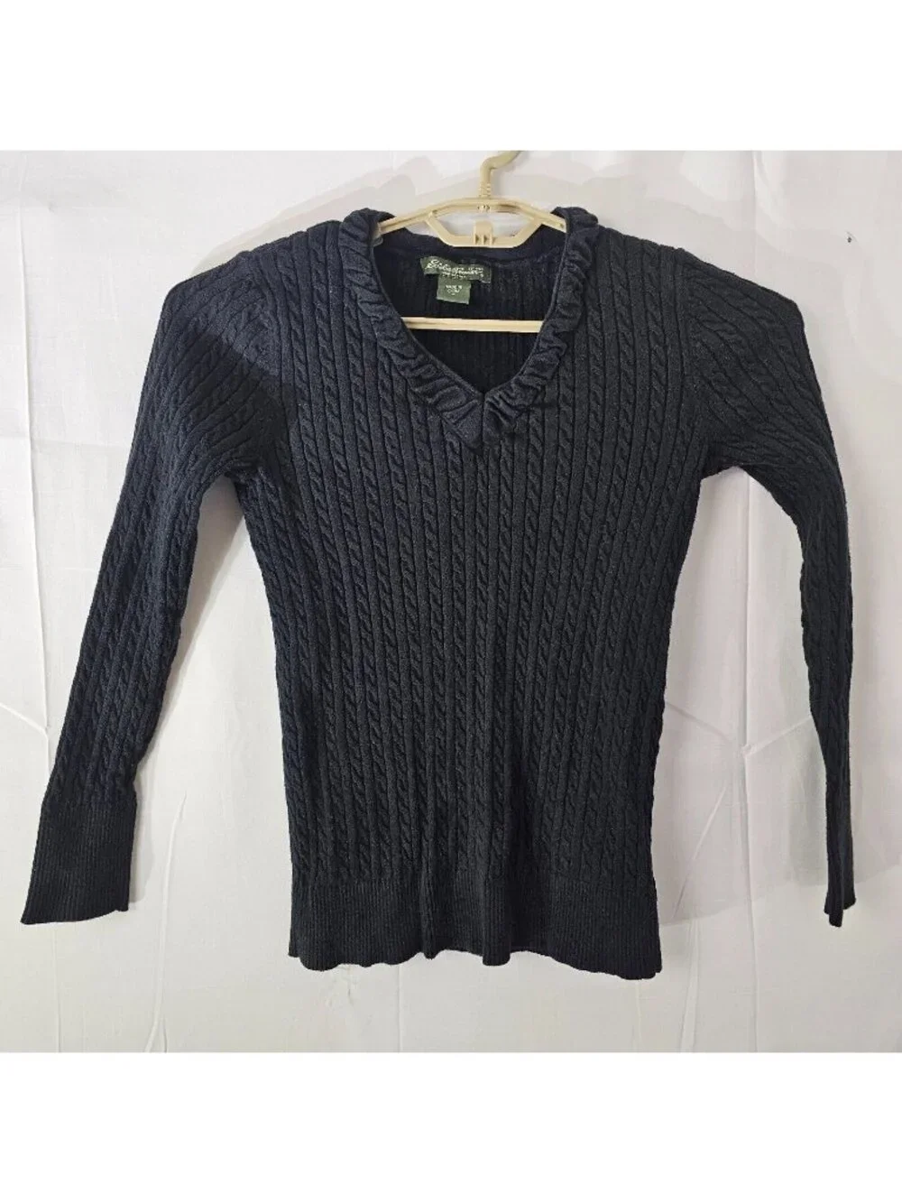 Eddie Bauer Sweater Womens M Black V Neck Cable Knit Long Sleeve Pullover Top - Picture 1 of 10